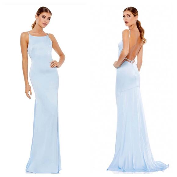 IEENA for MAC DUGGAL Light Blue Satin High Neck Backless Gown Women’s - Picture 10 of 10